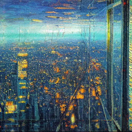 Prompt: impressionistic full - color painting of a distorted mirror reflecting a nightmarish aerial view of boston downtown skyline in 1 9 2 5 at night with a horrifying sky, aerial view, dark, brooding, night, atmospheric, horror, cosmic, ultra - realistic, smooth, highly detailed by dave dorman