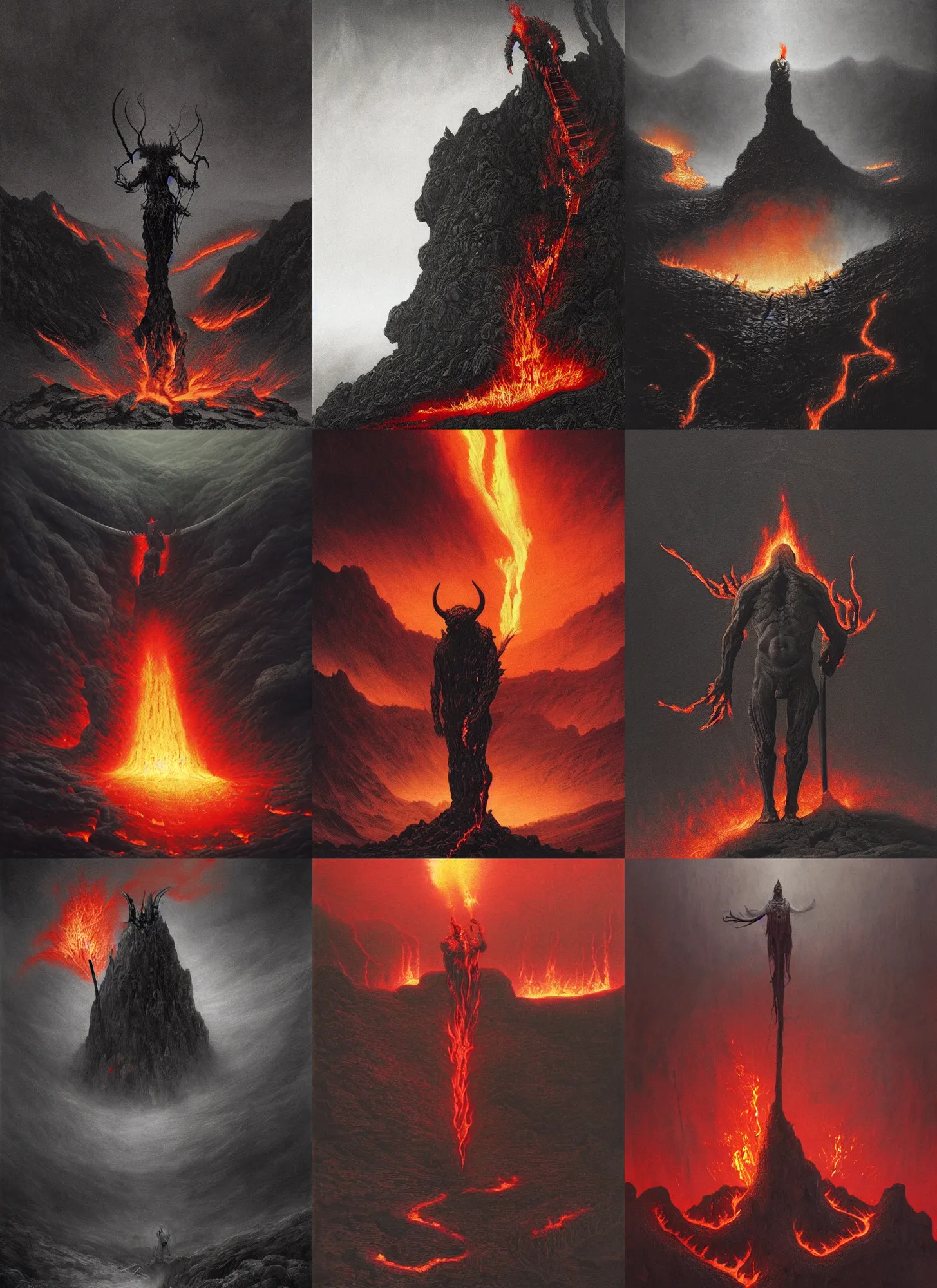 Prompt: black corpse with horns holding flaming sword, lava landscape, intricate, moody, dark, highly detailed, artstation, concept art, sharp focus, illustration, beksinski, morhbacher