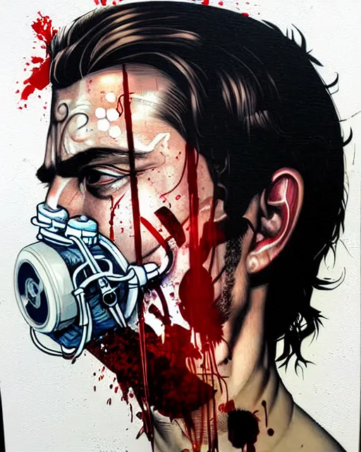 Image similar to portrait of a man wearing oxygen mask, has a sword, blood, a pistol with sea background intricate details with horror side profile by Sandra Chevrier