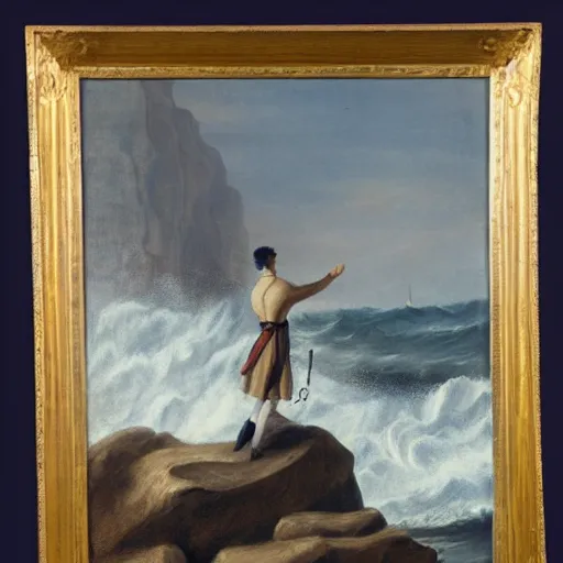 Image similar to painting of a person standing on a rock with waves crashing around by friedrich