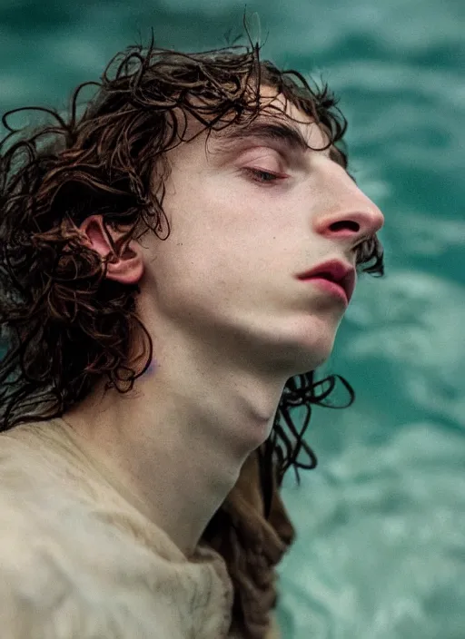 Image similar to Kodak Portra 400, 8K,ARTSTATION, Caroline Gariba, soft light, volumetric lighting, highly detailed, britt marling style 3/4 , extreme Close-up portrait photography of a Timothee Chalamet how pre-Raphaelites with his eyes closed,inspired by Ophelia paint, the face emerges from water of Pamukkale, underwater face, hair are intricate with highly detailed realistic beautiful flowers , Realistic, Refined, Highly Detailed, interstellar outdoor soft pastel lighting colors scheme, outdoor fine art photography, Hyper realistic, photo realistic