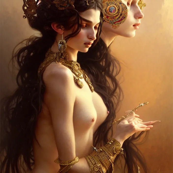 Image similar to ancient queen emily ratajkowski, diffuse lighting, fantasy, intricate, elegant, highly detailed, lifelike, photorealistic, digital painting, artstation, illustration, concept art, smooth, sharp focus, art by john collier and albert aublet and krenz cushart and artem demura and alphonse mucha