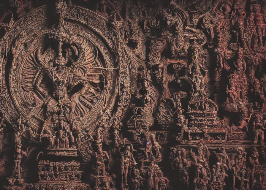 Image similar to blood temple, hindu ornaments, baphomet statue at the center surrounded by angel statues, film still, 4 k, symmetry, award - winning photography, 1 2 0 mm