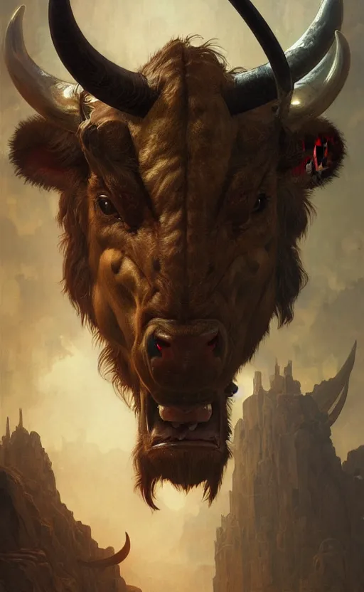 Prompt: a detailed portrait of minotaur, monster half child half bull, concept art, deep focus, intricate, highly detailed, digital painting, artstation, matte, sharp focus, illustration, art by greg rutkowski and alphonse mucha