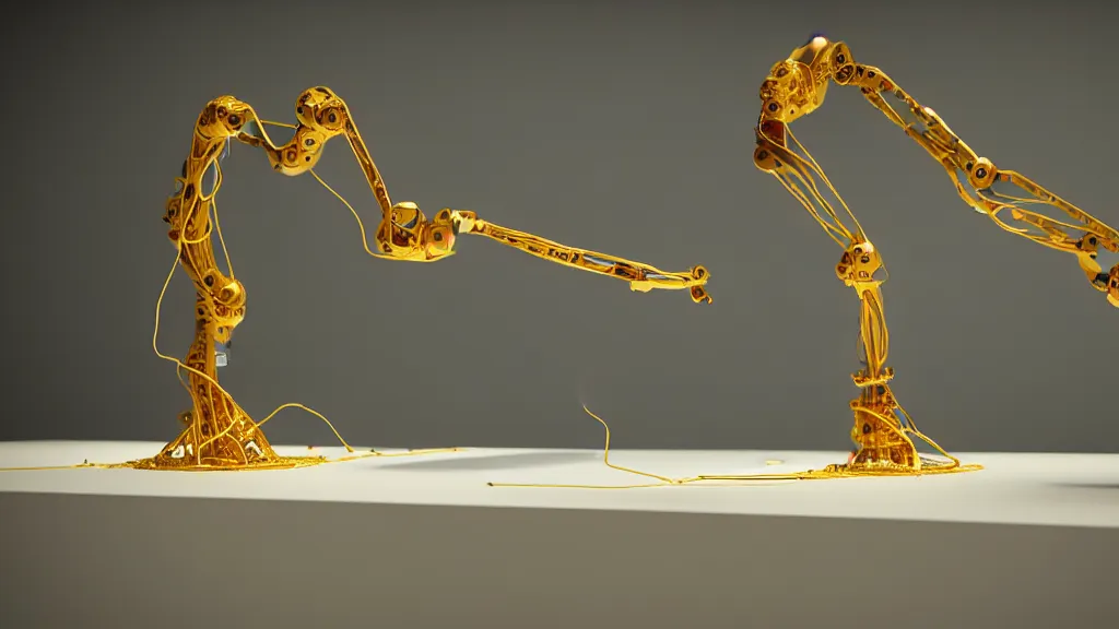 Image similar to a complex bifurcated robotic cnc surgical arm hybrid 3 d printer machine making organic ceramic kintsugi mandlebulb forms in the laboratory room, very thin gold wire, film still from the movie directed by denis villeneuve with art direction by salvador dali, wide lens, f 3 2, cinematic lighting, studio quality, smooth render, unreal engine 5 rendered, octane rendered