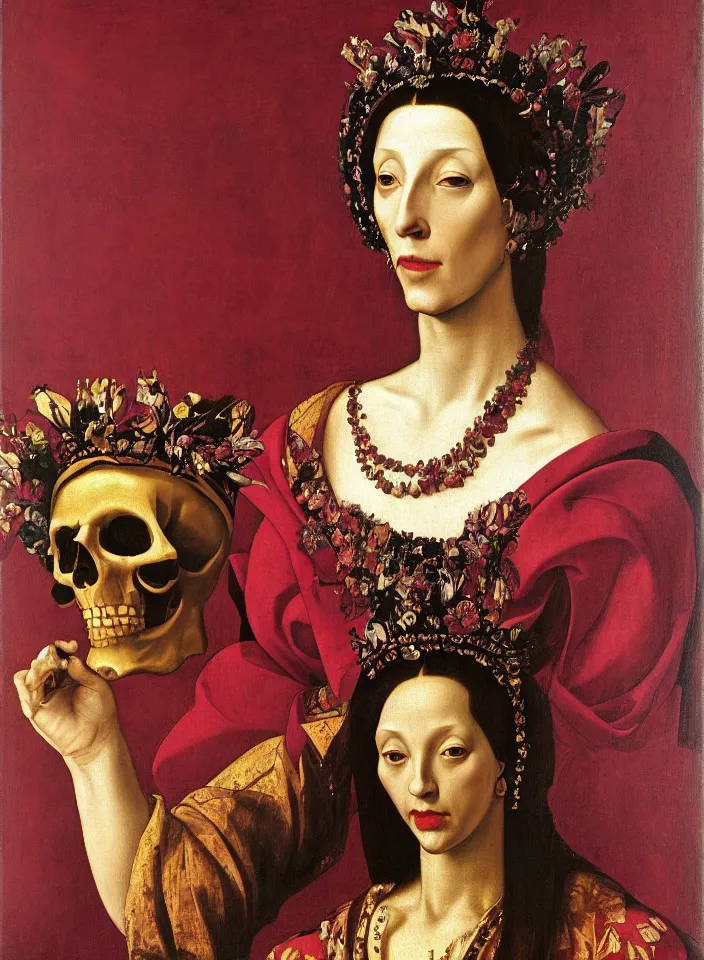 Image similar to portrait of a woman with a golden skull instead of a head with a big crown and in a dress of big purple peony petals, oil painting in a renaissance style , very detailed, red background, painted by Caravaggio.