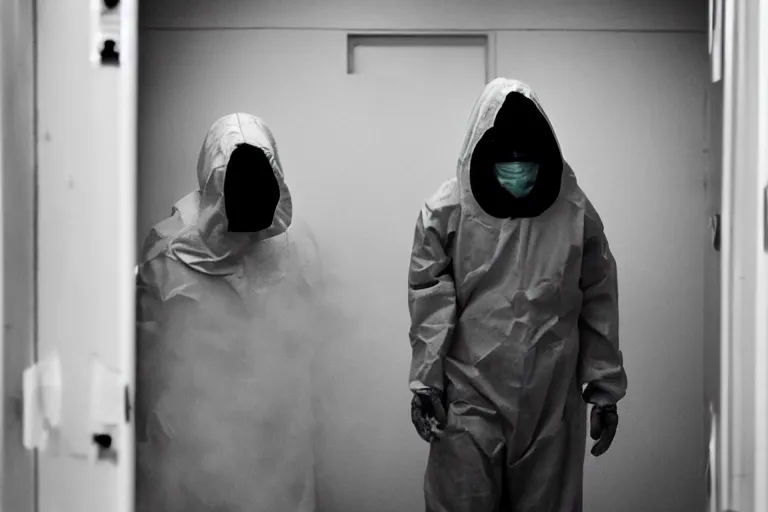 Image similar to a cinematic portrait of a prisoner dressed in a a black and white hazmat suit, in a small prison cell, dust storm, emergency exit, annie leibovitz and zack snyder, 8 k, hd, high resolution, 8 5 mm, f / 1. 8