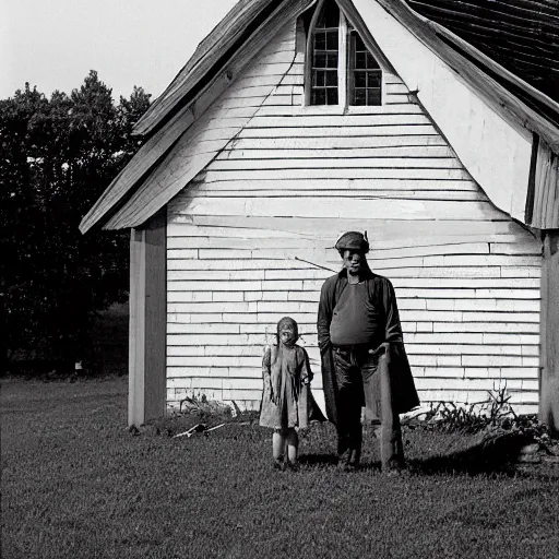 Image similar to a farmer and his daughter pose stiffly, they stand outside of their home, built in an 1 8 8 0 s style known as carpenter gothic, iowa, cinematic, midwest gothic