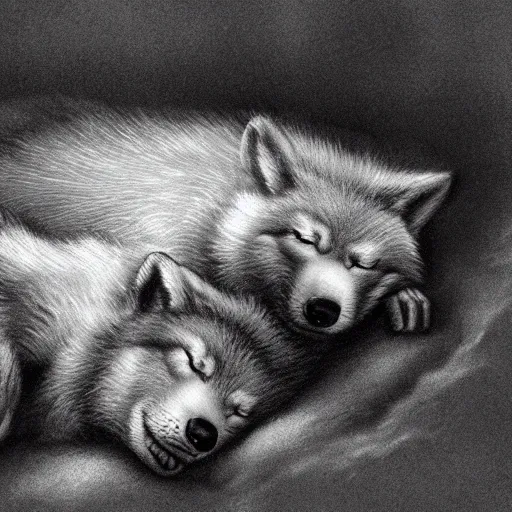 Image similar to close-up wolf pups sleeping with mother wolf in cave grayscale in style of Chris Van Allsburg