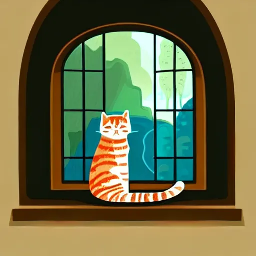 Prompt: a beautiful landscape including a waterfall and a forest through a window, cat sitting on the edge of the window, illustration, digital art, trending on artstation, no signature