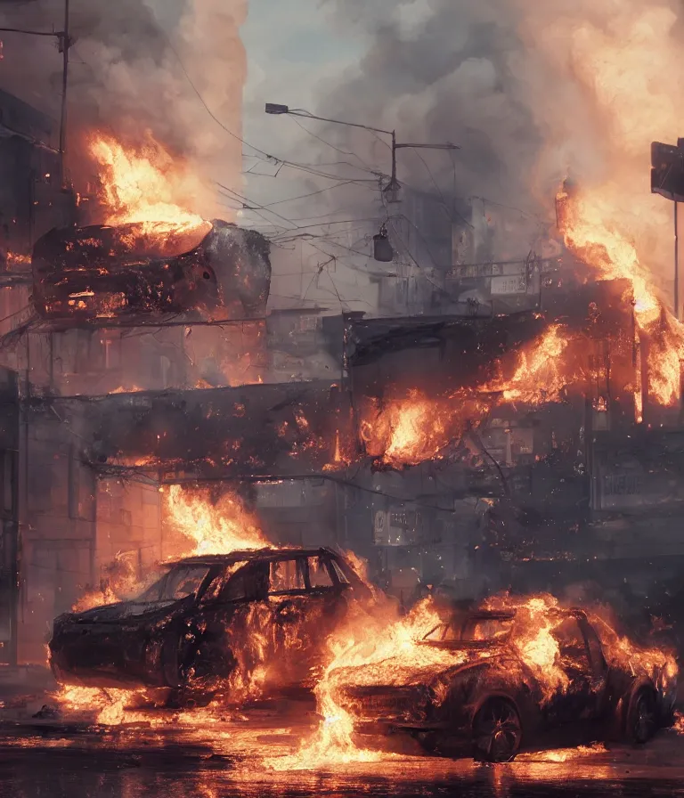 Image similar to a beautiful hyperrealistic detailed 3D render of burning cars in a city riot, by Anton Otto Fischer, Atey Ghailan, genzoman, unreal engine, octane render, gigantic, 3D, brilliantly coloured, intricate, ultra wide angle, trending on artstation, embers, smoke, dust, dusk, volumetric lighting, HDR, polished, micro details, ray tracing, 8k