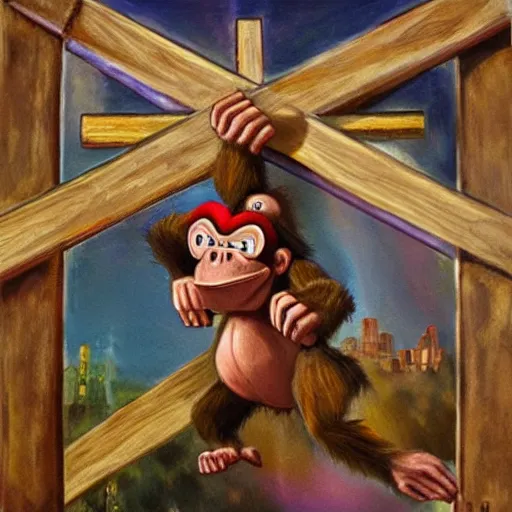 Prompt: Donkey Kong dies on the cross for our sins, oil painting