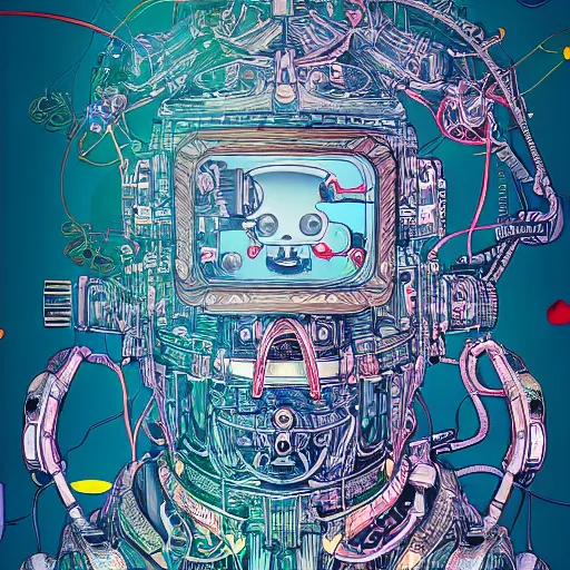 Prompt: a robot with a beautiful mind, an ultrafine detailed illustration by james jean, final fantasy, intricate linework, bright colors, behance contest winner, vanitas, angular, altermodern, unreal engine 5 highly rendered, global illumination, radiant light, detailed and intricate environment