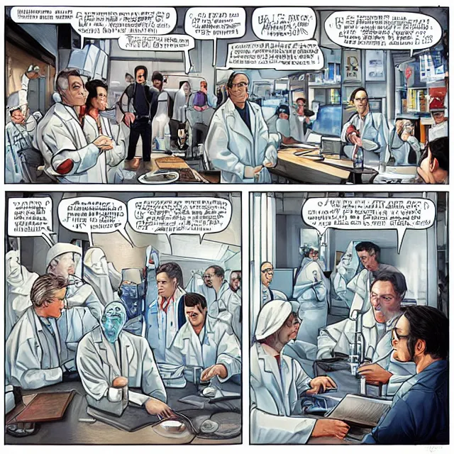 Image similar to engineers and scientists in labcoats confront a malevolent computer, glowing digital runes, panicked scientists in the background, ( futurism ), rhads!!!, james gurney, ( art fitzpatrick ), ( asaf hanuka ), ( ( barclay shaw ) ), ominous, saturday morning cartoon, clean linework, western animation