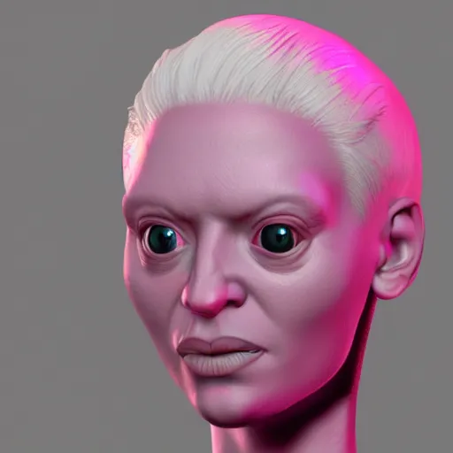 Image similar to ZBrush sculpt albino woman with pink hair and glowing eyes