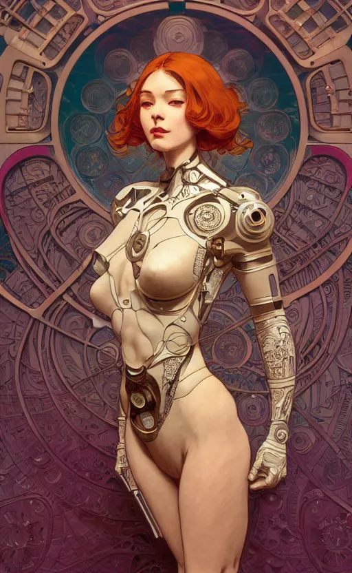 Prompt: cyborg, intricate, beautiful, highly detailed, elegant, artstation, concept art, smooth and sharp focus, rpg artwork, illustration, painting by ilya kuvshinov, alphonse mucha, gaston bussiere, art adams, craig mullins, j. c. leyendecker, rene maritte, tian zi, wlop, alsphonse mucha, artgerm