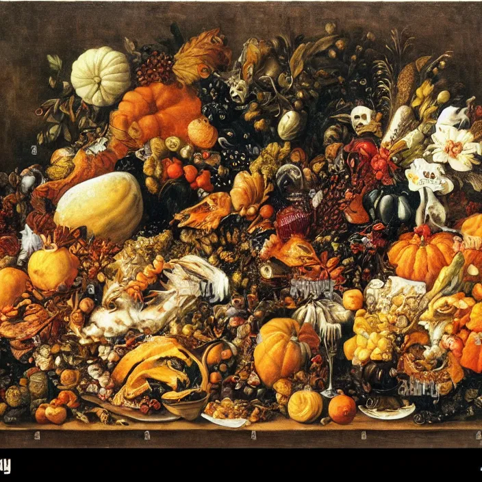 Prompt: victorian thanksgiving feast, cornucopia, black background, vanitas, a still life by giuseppe arcimboldo, a flemish baroque by jan davidsz. de heem, intricate high detail masterpiece