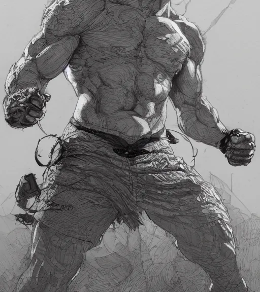 Image similar to portrait of anime baki the grappler in shorts, pen and ink, intricate line drawings, by craig mullins, ruan jia, kentaro miura, greg rutkowski, loundraw