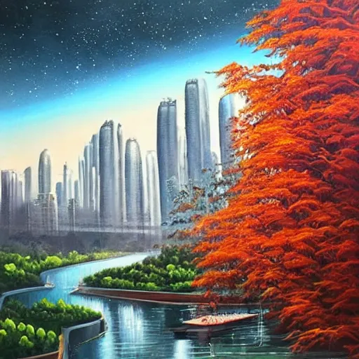 Image similar to Beautiful city of the future in harmony with nature. Nice colour scheme, cool natural colour. Beautiful detailed painting by Lurid. (2022)