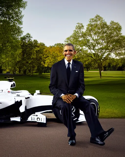 Prompt: a portrait of barack obama as a mercedes f 1 driver in a white overall with the face of barack obama, outdoor, professional portrait photography, ambient light