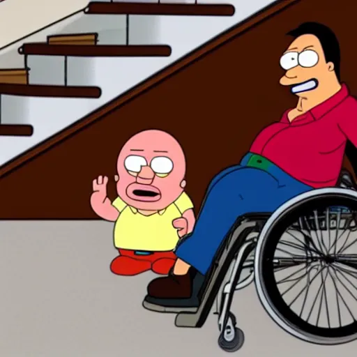 Prompt: Quagmire on a wheelchair angrily staring at a stair in the style of family guy