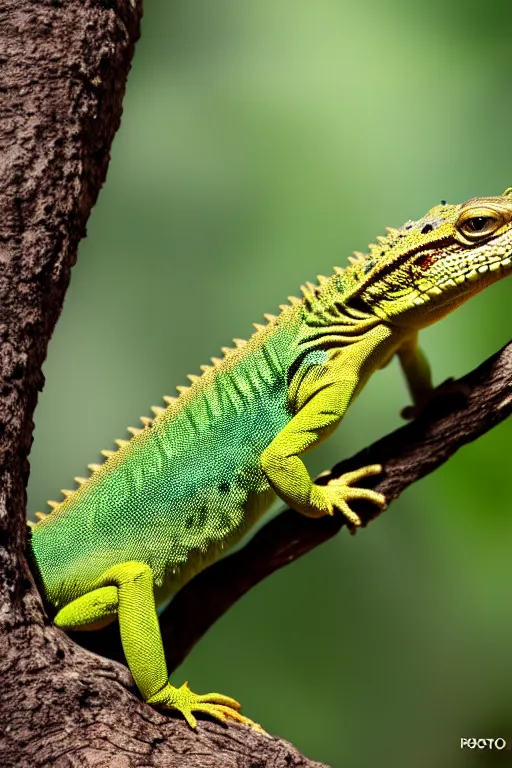 Image similar to highly detailed photo of a lizard running up a tree, 3 5 mm, 4 k, photorealistic