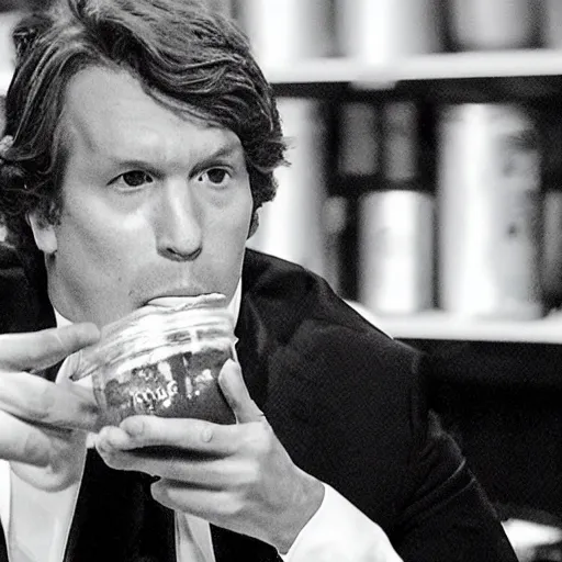 Prompt: Tucker Carlson eating an entire jar of mayonnaise and looking really salty about it