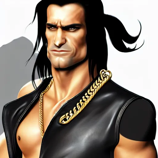 Prompt: a handsome man, in good physical shape, chiseled jaw, 5 o'clock shadow, long black hair in a ponytail, wearing a black leather vest, black leather vest is open, no shirt under the vest, wearing an ammo belt, wearing cargo pants, wearing a gold chain, holding a blaster, grim expression, full body shot, comic book art, realistic looking comic book sketch