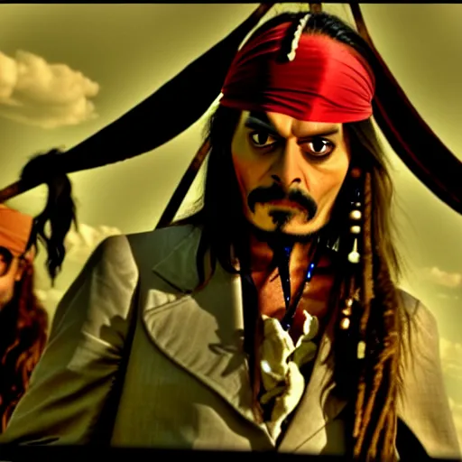 Image similar to mr. bean as jack sparrow from pirates of the carribean. movie still. cinematic lighting.