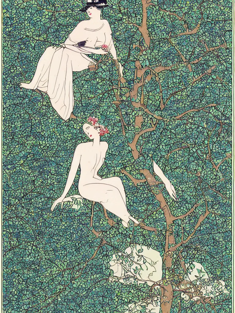 Prompt: an illustration of a woman near a tree on the bank of a river by george barbier,