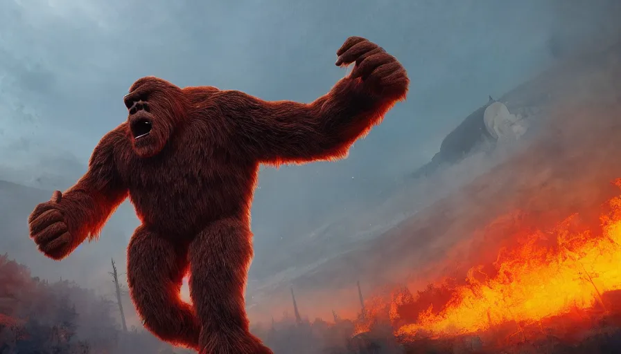 Image similar to giant bigfoot destroying washington dc, fire, hyperdetailed, artstation, cgsociety, 8 k