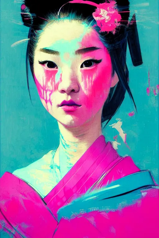 Image similar to portrait of a stylized japanese young geisha, painted in acrylic, pigment textures, in the colors hot pink and cyan, beautiful realistic face, rule of thirds, spotlight, by greg rutkowski, by jeremy mann, by francoise nielly, by van gogh, by ross tran, in focus