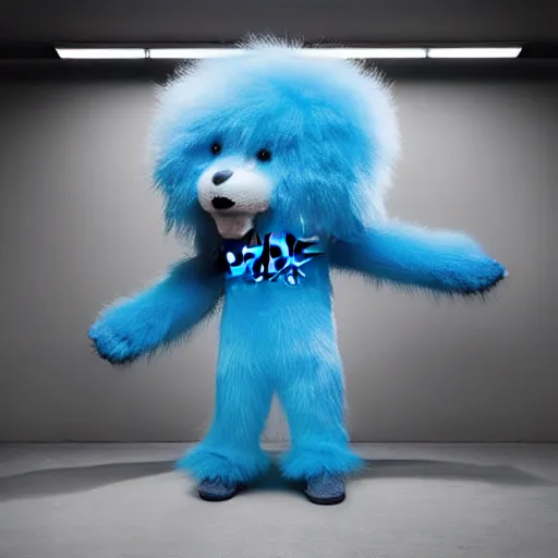 Image similar to nike fluffy mascot made of very fluffy blue faux fur placed on reflective surface, professional advertising, overhead lighting, heavy detail, realistic by nate vanhook, mark miner