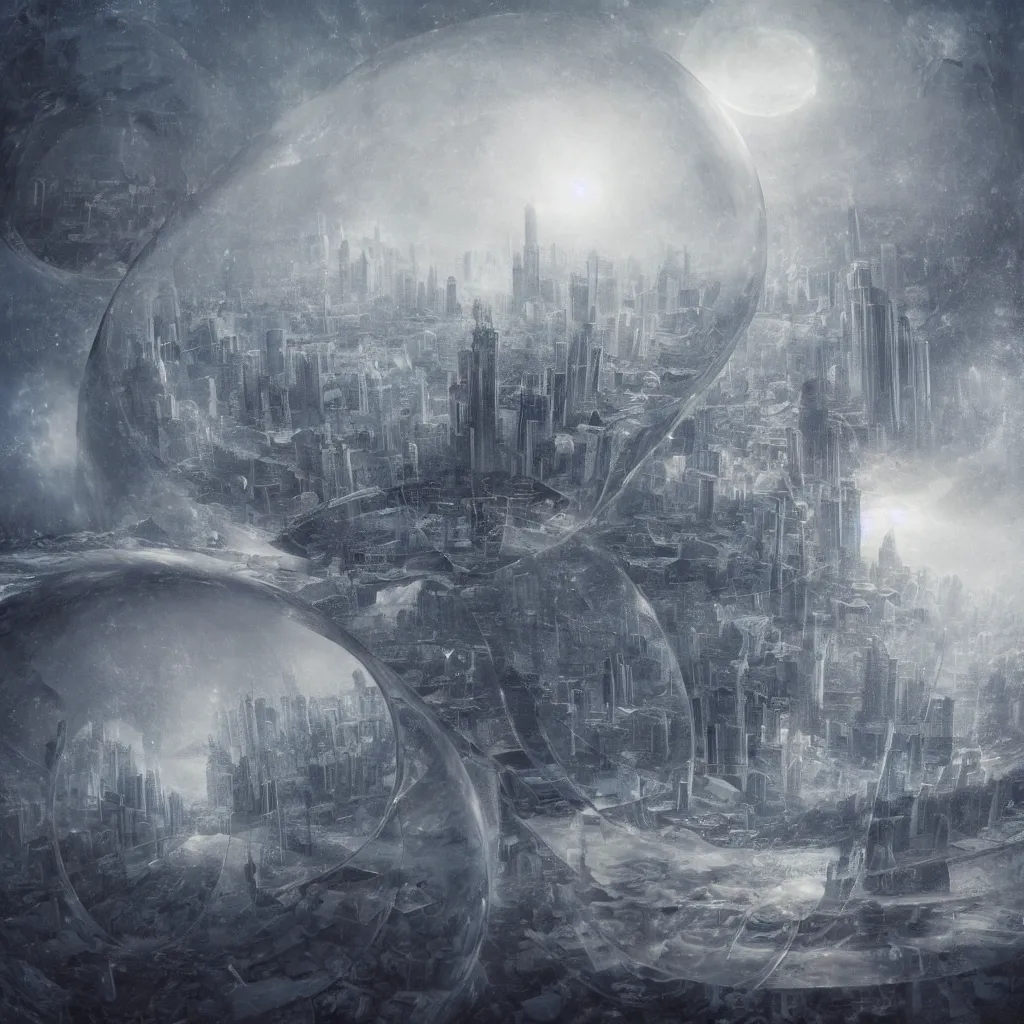 Prompt: a surreal dreamlike scene of a miniature city inside a transparent sphere, somber melancholic matte painting, highly detailed oil painting, liminal space, 8k, stillness, solitude, icy cold pale silent atmosphere, masterpiece