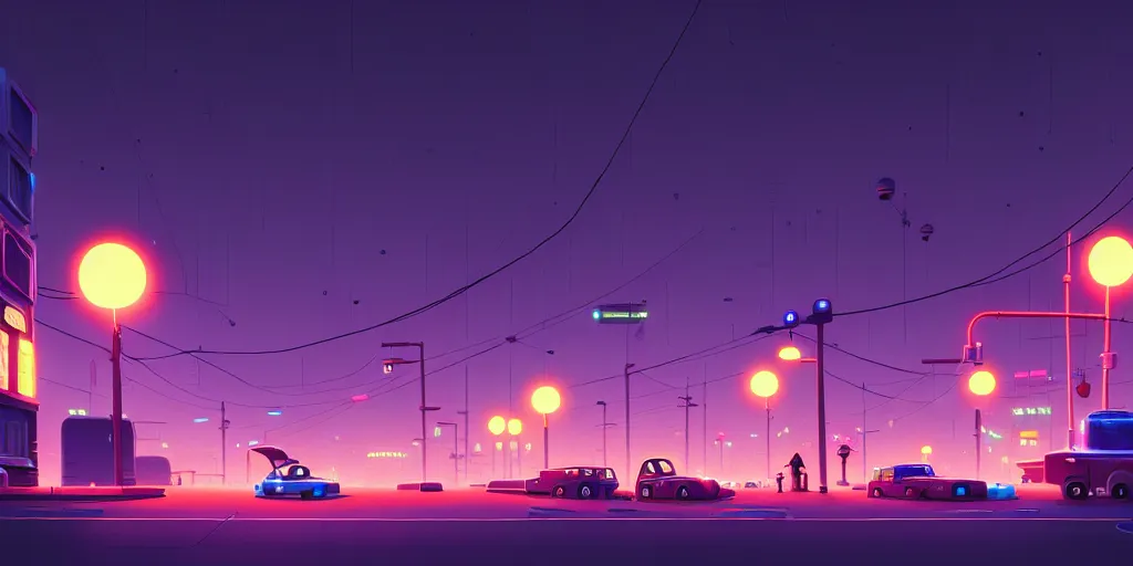 Image similar to city, building, cars, neon lights, night time, park, people, happy town, by Goro Fujita and Simon Stalenhag , 8k, trending on artstation, hyper detailed, cinematic