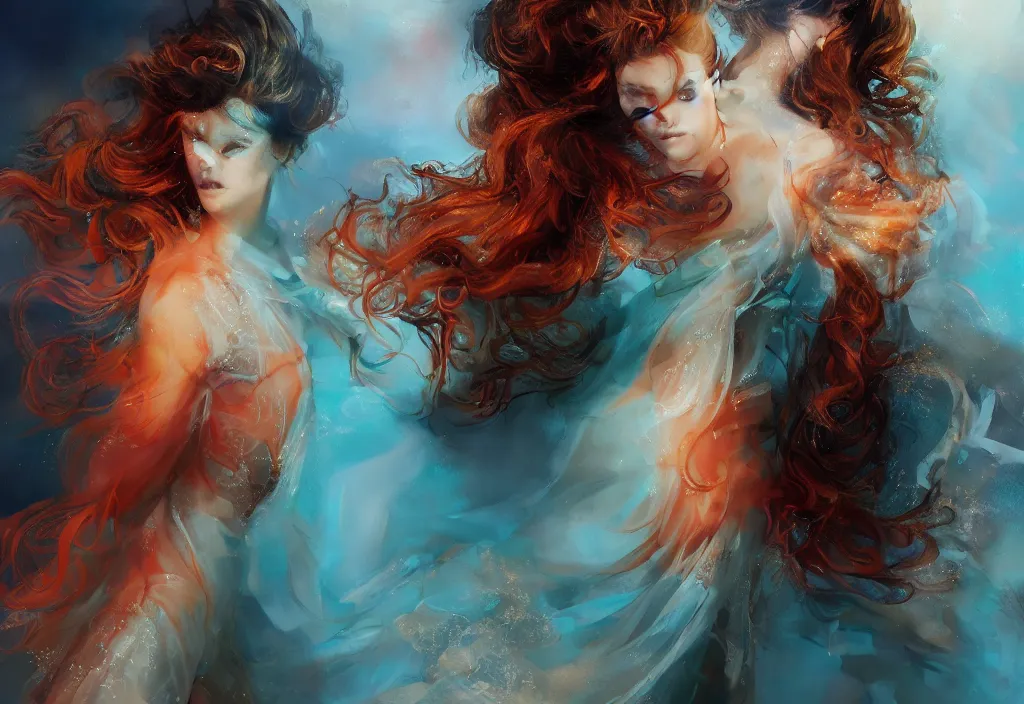 Prompt: full body portrait of a duo of 1 9 years old girl figures, curly messy high bun hairstyle, oriental tattoos, jewelry, subject wearing a high fashion gown, flowing, beautiful, dramatic, cinematic lighting, orange, taupe, fire red, few vivid turquoise highlights, by ross tran and jeremy mann, artstation, pixiv, oil on canvas