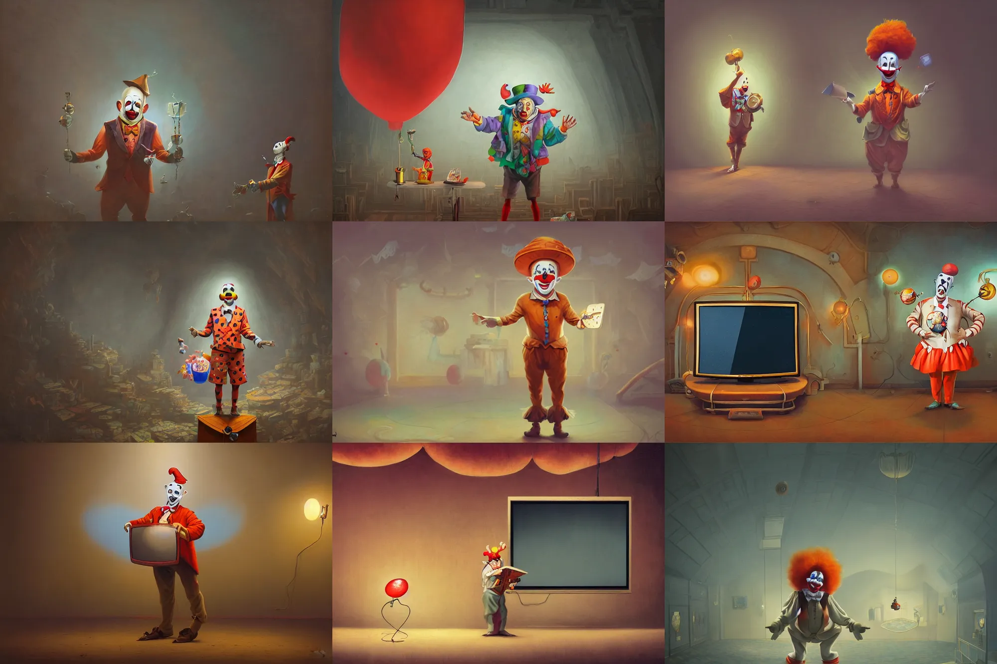 Prompt: a clown holding a small tv screen in front of his chest and standing on a stage in a big empty theater in the style of peter mohrbacher and jacek yerka, cinematic lighting, detailed