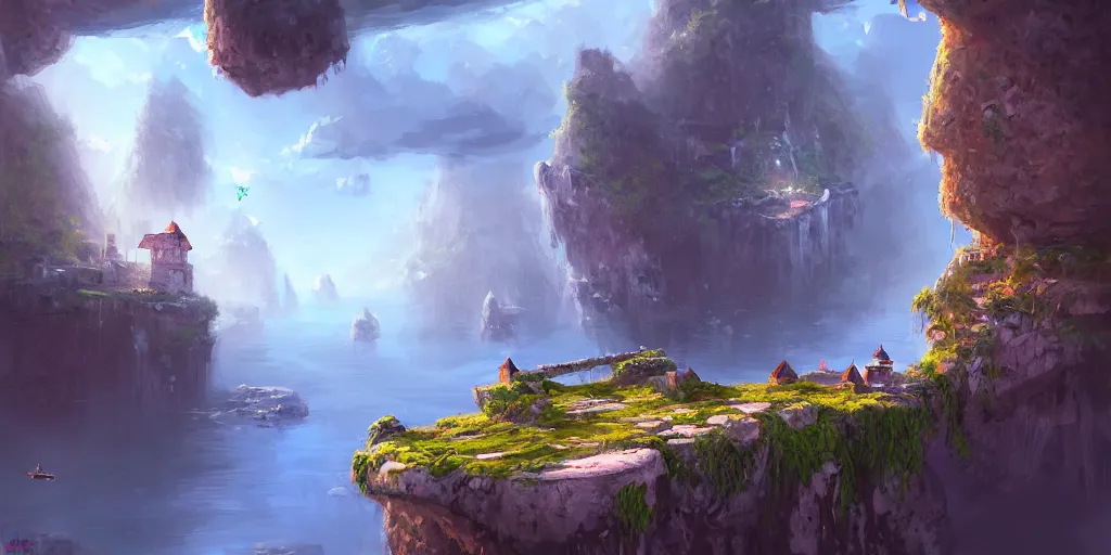 Image similar to peaceful village built on floating rocks in the sky, rope bridges, birds in background, high fantasy, detailed, digital painting, realistic, landscape by jonathan berube