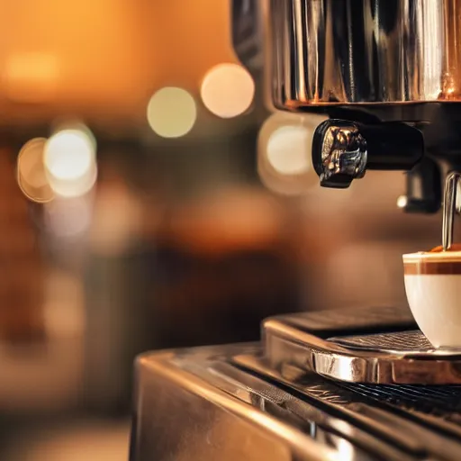 Prompt: close up realistic detailed photo of a fancy espresso machine in a cozy coffee shop, hdr, depth of field, chrome, reflections, volumetric lighting, copper, black, overcast, diffuse light