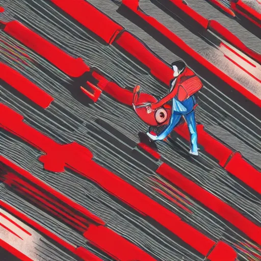 Prompt: man with a red jacket walking toward a red futuristic racing motorbike, isometric view, ink drawing, panoramic view, wide angle, ultra realistic, intricate details, cyberpunk, ultra detailed, sharp focus, trending on artstation