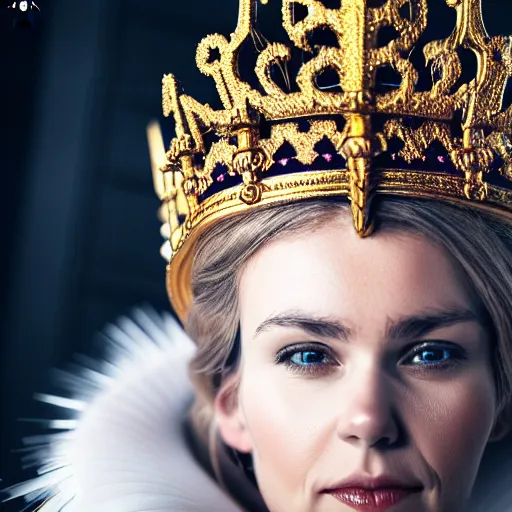 Image similar to photo of a beautiful nordic queen with ornate crown and cloak highly detailed, 4k, HDR, smooth, sharp focus, high resolution