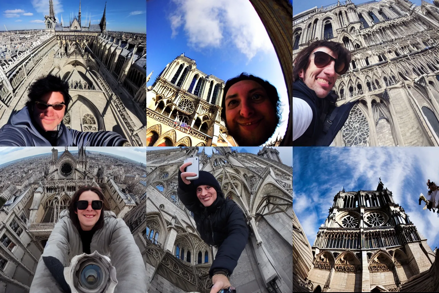 Prompt: fisheye selfie of quasimodo on the roof of notre dame cathedral