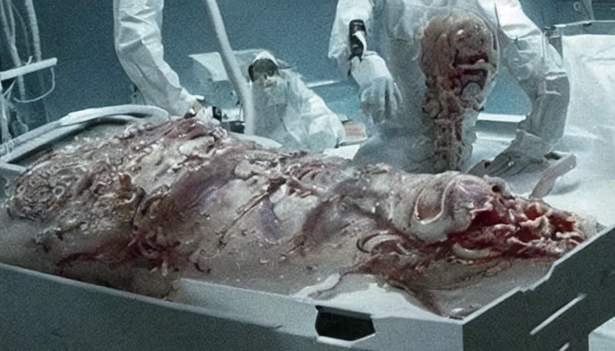 Prompt: Big budget horror movie about a cyborg doing an autopsy on a giant squid's heart in a clear glass coffin