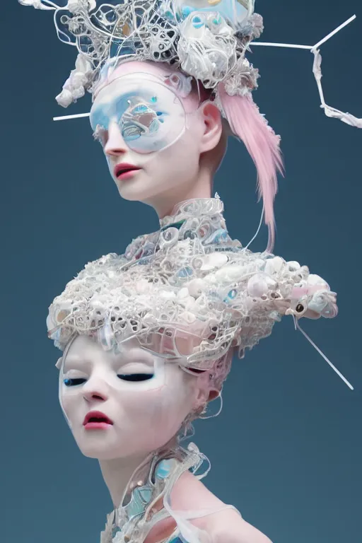 Prompt: an epic non - binary model, subject made of white broken porcelain, mesh headdress, chrome mask, flowing dress, with cerulean and pastel pink bubbles bursting out, delicate, beautiful, intricate, melting into squirtle, houdini sidefx, by jeremy mann and ilya kuvshinov, jamie hewlett and ayami kojima, bold 3 d