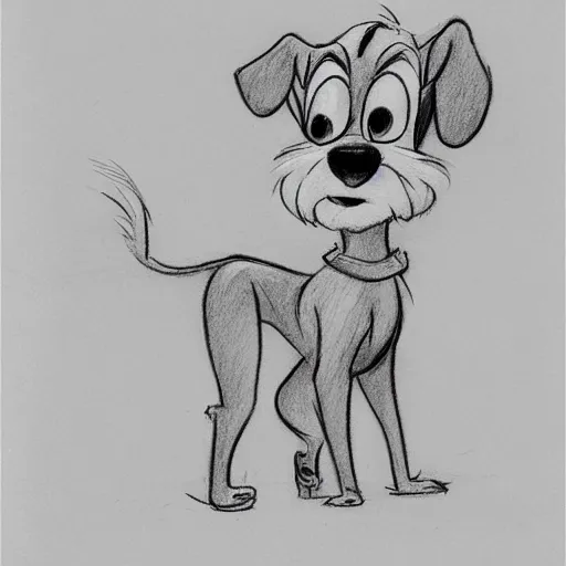 Image similar to milt kahl pencil sketch of happy mini schnauzer cartoon lady and the tramp style