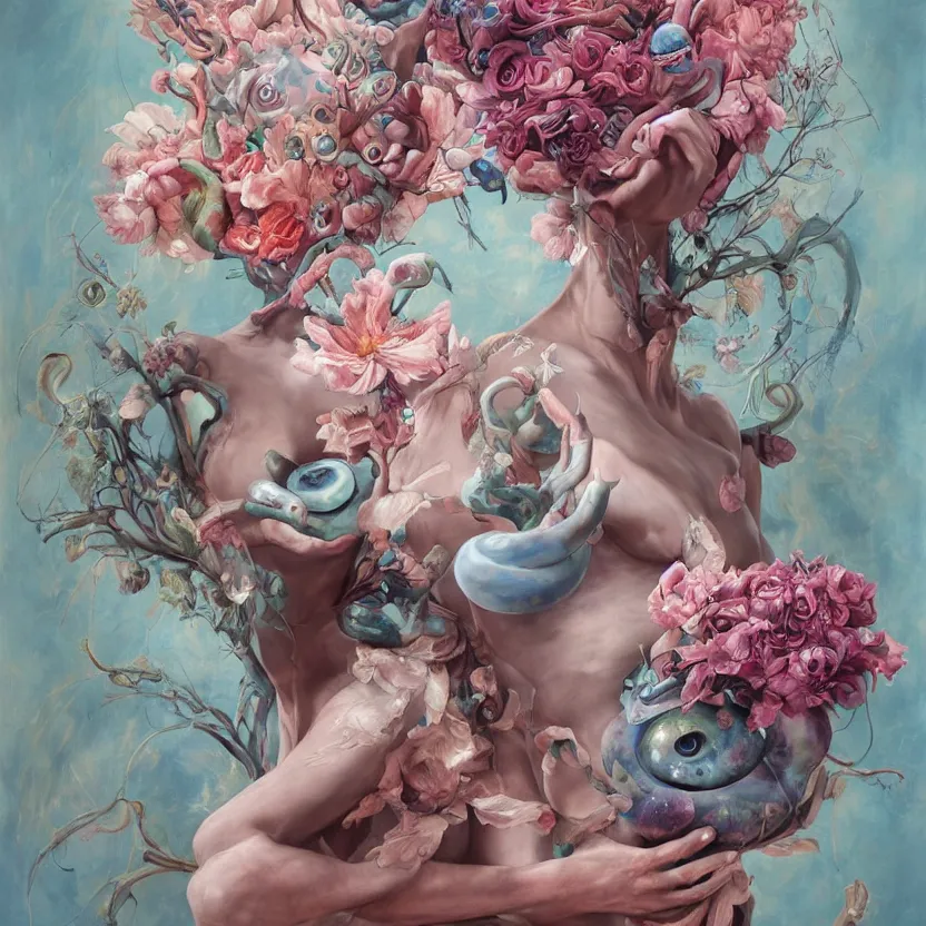 Image similar to a biomorphic painting of a vase with flowers and eyeballs in it, a surrealist painting by Marco Mazzoni, by Peter Mohrbacher, by Dorothea Tanning, pastel blues and pinks, featured on artstation, metaphysical painting, oil on canvas, fluid acrylic pour art, airbrush art,