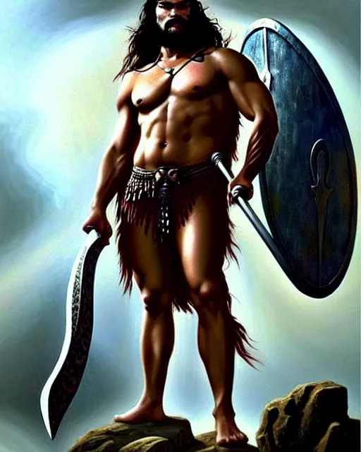 Image similar to beautiful portrait oil painting, jason momoa conan the barbarian thor standing on a rocky hill, wearing a warrior king crown and royal crimson fantasy ornate spartan dragon scale armor, wet skin and hair, muscular!!!, battle action pose, frank frazetta, boris vallejo, greg rutkowski, beautiful cinematic light, low angle, greg rutkowski, high contrast