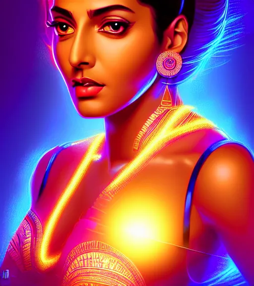 Image similar to symmetry!! indian princess of technology, solid cube of light, hard edges, product render retro - futuristic poster scifi, lasers and neon circuits, brown skin gorgeous indian princess, intricate, elegant, highly detailed, digital painting, artstation, concept art, smooth, sharp focus, illustration, dreamlike, art by artgerm