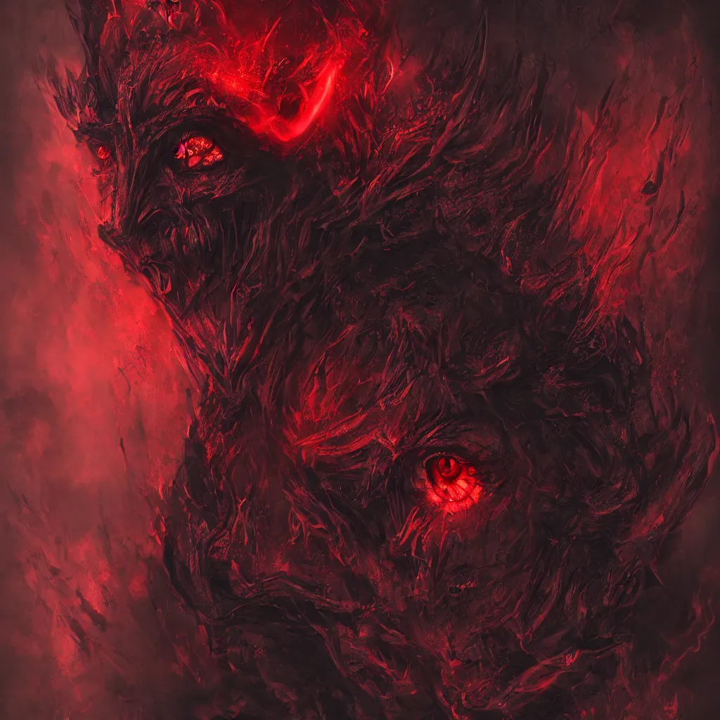 Prompt: a scary devil face with soft red and black with bloodshot and luminous eyes, against a hellish background with a lot of smoke, darkart, hyperdetailed, hyperealistic, cinematography, 16k, 3D, Artstation, Deviantart, very beautiful