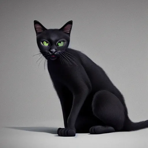 Image similar to black bombay cat, sad, animated, pixar studio, dreamworks, hyper realistic, detailed